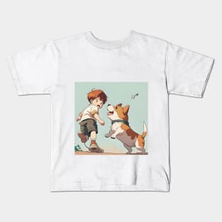 Capture the Joy of Childhood - Adorable Digital Download of a Funny Puppy Playing with a Kid Kids T-Shirt